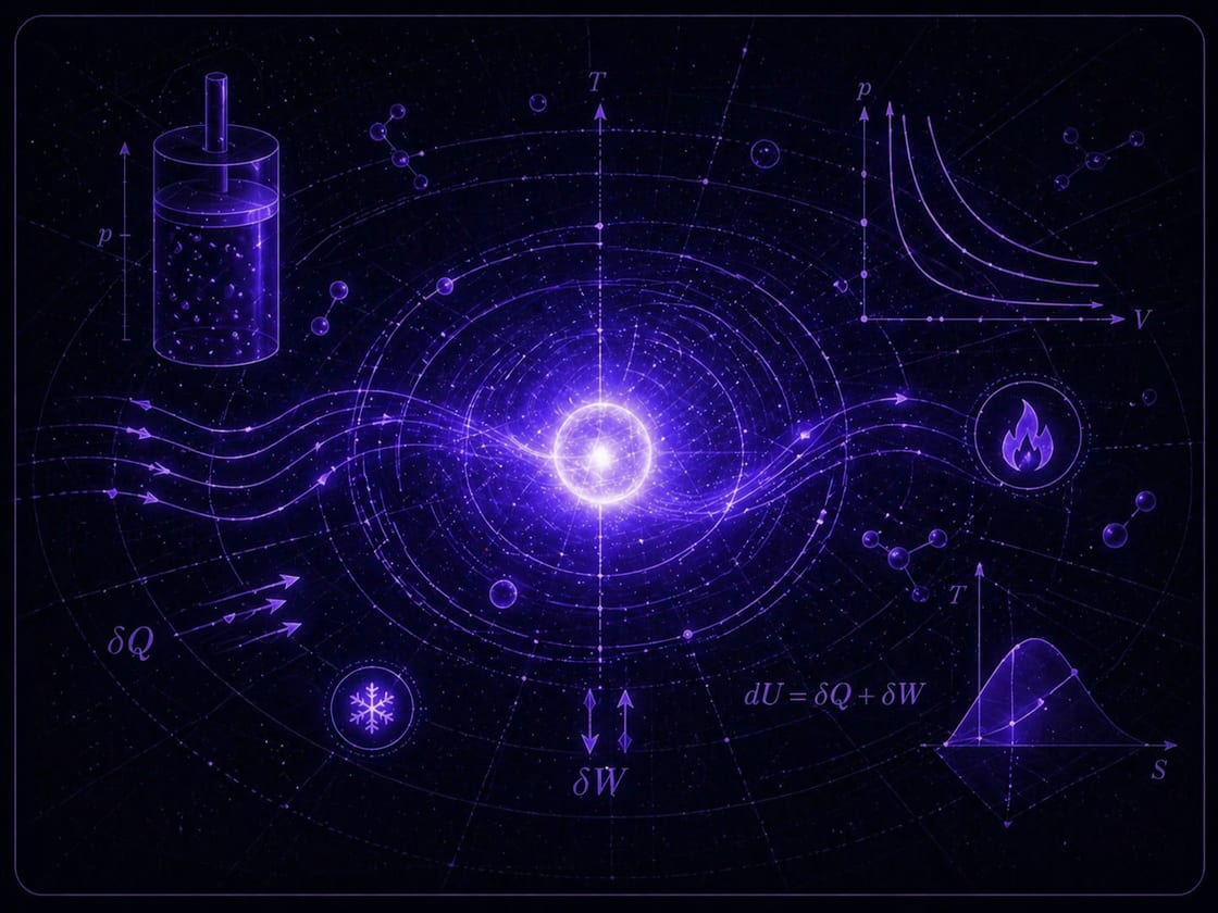 Illustration de thermodynamique avec échanges d'énergie, variables d'état et bilan pour la prépa scientifique